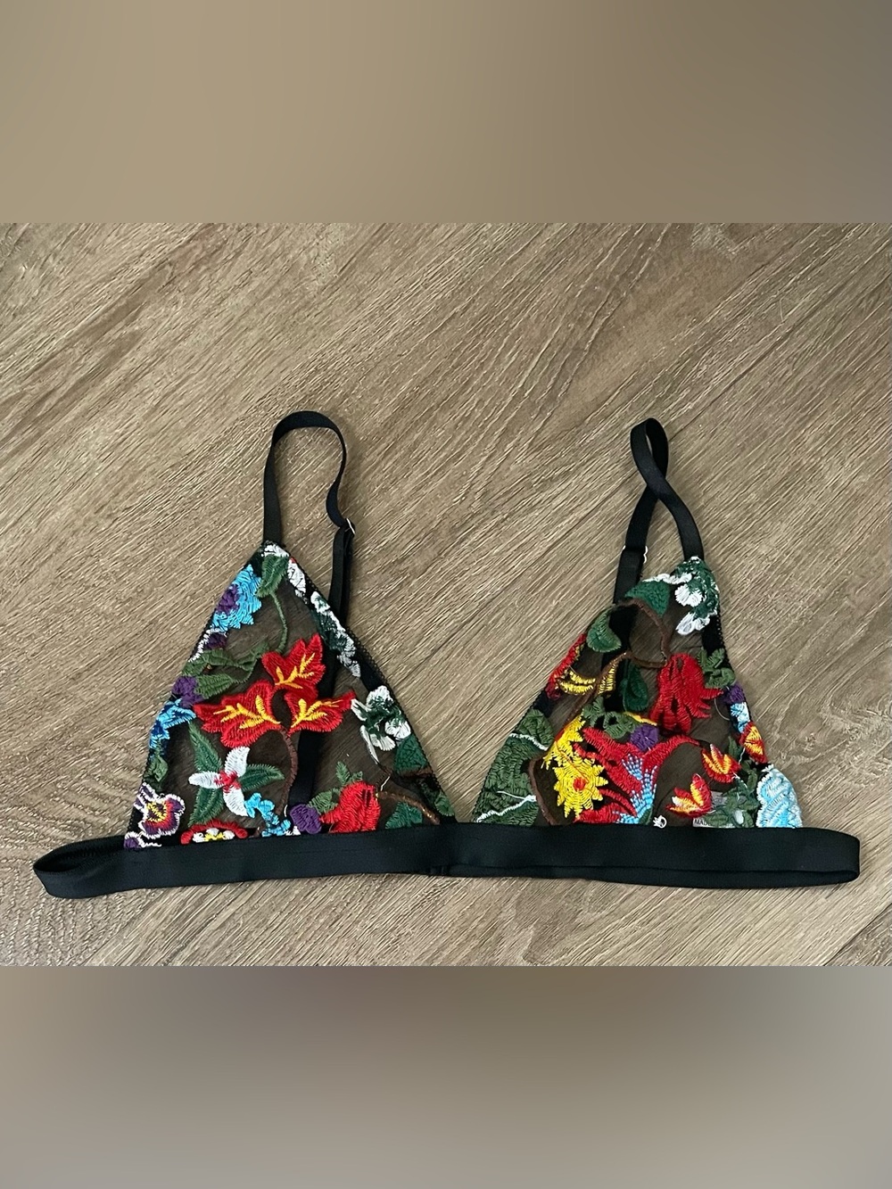 Sheer Floral Triangle Bra Size L Colorful Embroidered Flowers Fairy Goth Whimsy